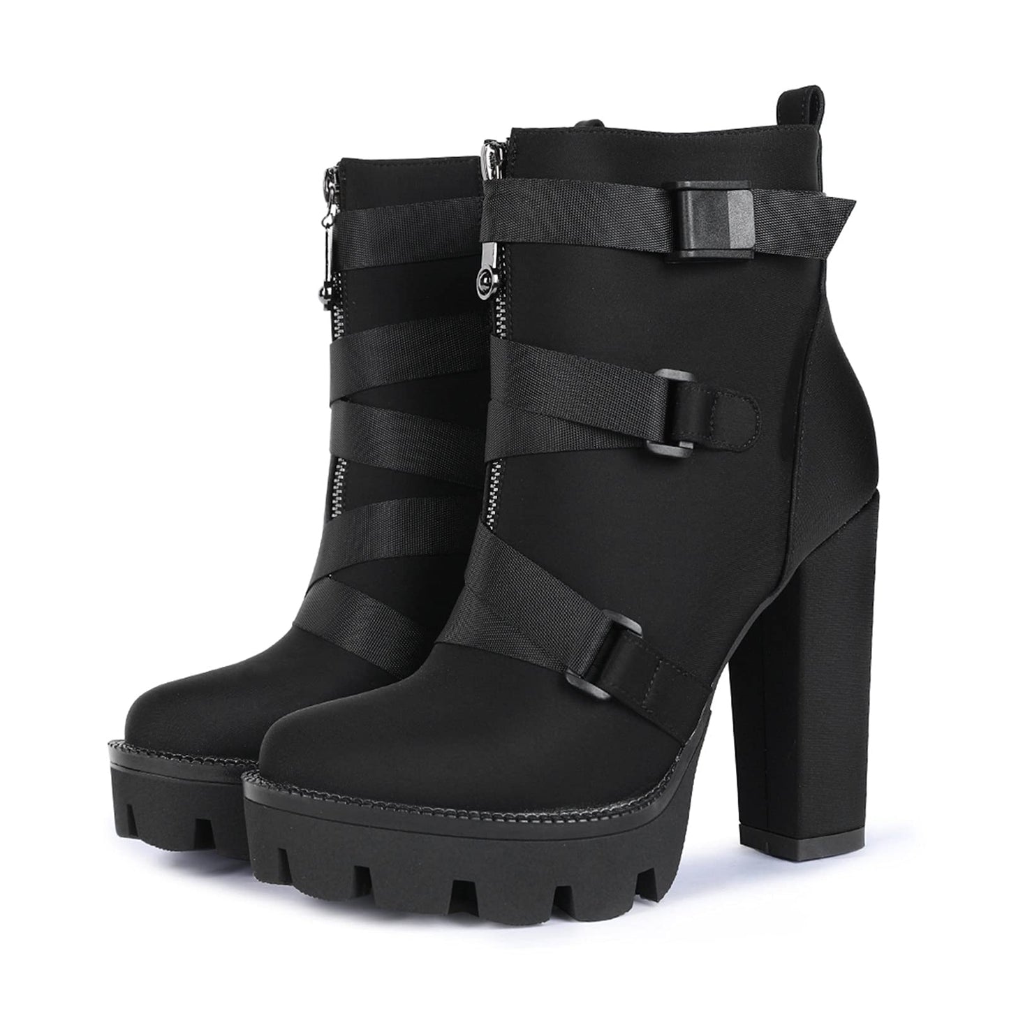 Wetkiss Chunky Heel Platform Boots for Women - Black Combat Booties with Lace Up High Heel