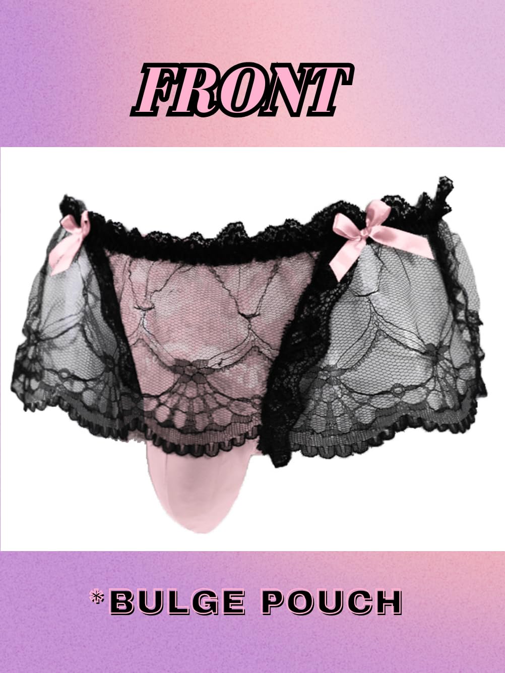 ChiaoLezhee Mens Lace Sexy Underwear, Sissy Pouch Panties Femboy For Men, Low Rise Bow Lingerie Fits 32-42, Sheer Girly, Light Pink, One Size