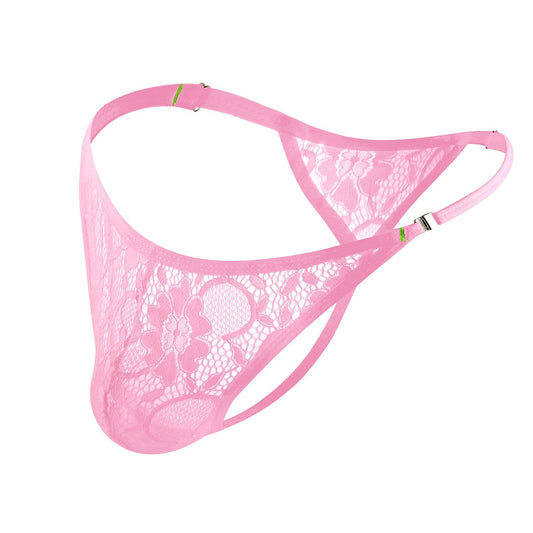 JOCKLAND Mens Lace Thong Sexy Low Rise T-back G-string with Adjustable Stretch Waistband Comfortable Men's Thong Underwear Pink