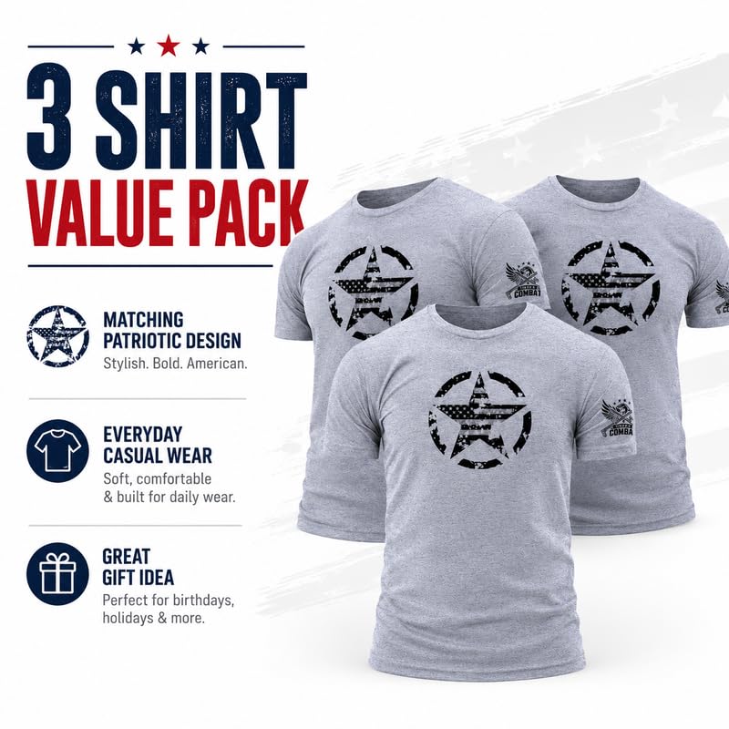 Distressed Star American Flag T-Shirt 3 Pack Patriotic USA Graphic Tee, Military Style Shirt, 4th of July Gift for Men Women