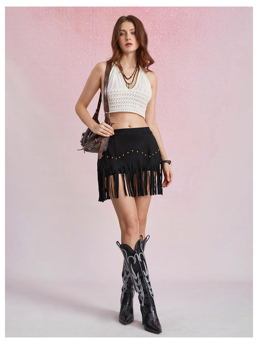 Women's Suede Fringe Sexy Cowgirl Skirts Country Concert Outfit Western High Waisted Skirt Black Small