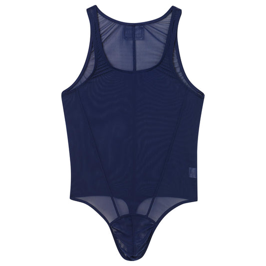 FYMNSI Men's Sheer Mesh Leotard Underwear See Through Sleeveless Thong Undershirt Bodysuit Fishnet Fitted Wrestling Singlet Jumpsuit Thongs Workout Muscle Shirt Tops Nightwear Clubwear Navy Blue M