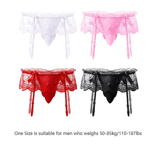 ABAFIP Men Lingerie Frilly Skirted Sissy Thongs Panties Low Waist G-string Garter Belt Crossdressing Underpants Lace Underwear Red One Size