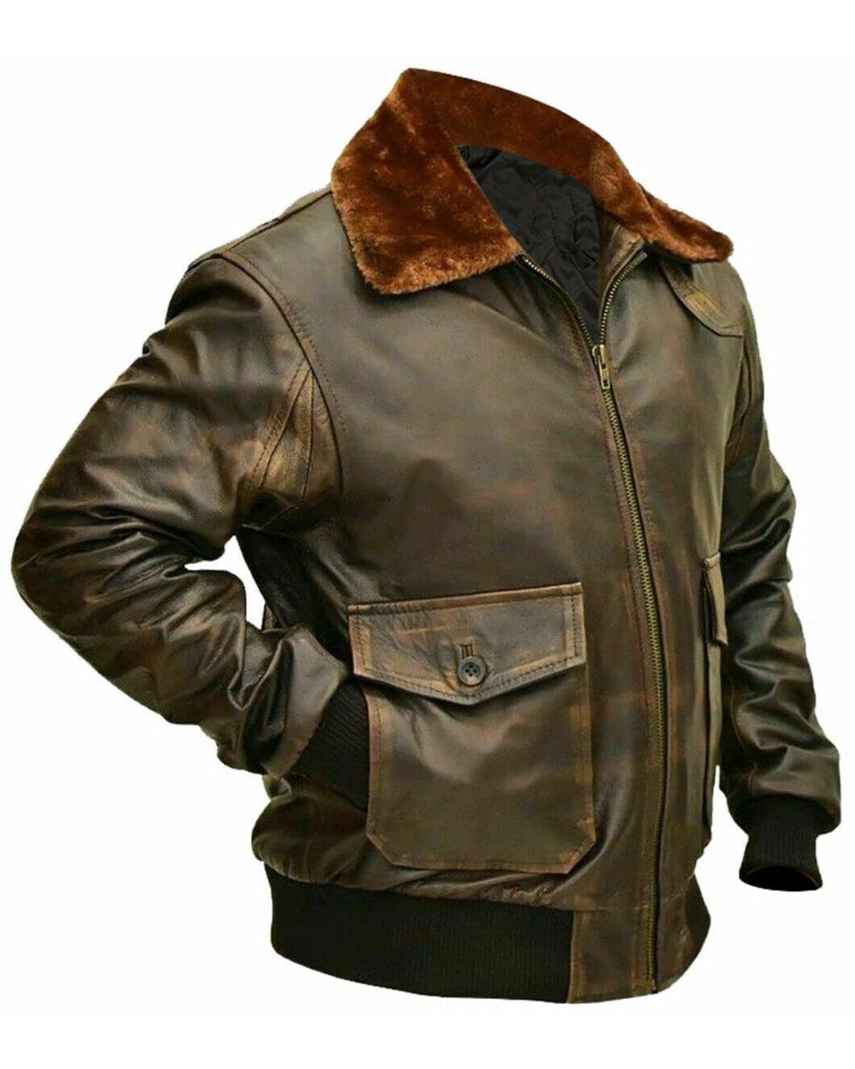 Brown Aviator G-1 Men Distressed Real Leather Bomber Flight Jacket - G1 Leather Naval Flight Jacket