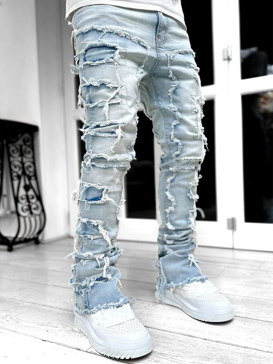 Stacked Jeans Men Skinny Ripped Jeans Slim Fit Denim Pants Y2K Goth Harajuku Emo Jeans Trouser (US, Alpha, Small, Regular, Regular, B01-01)