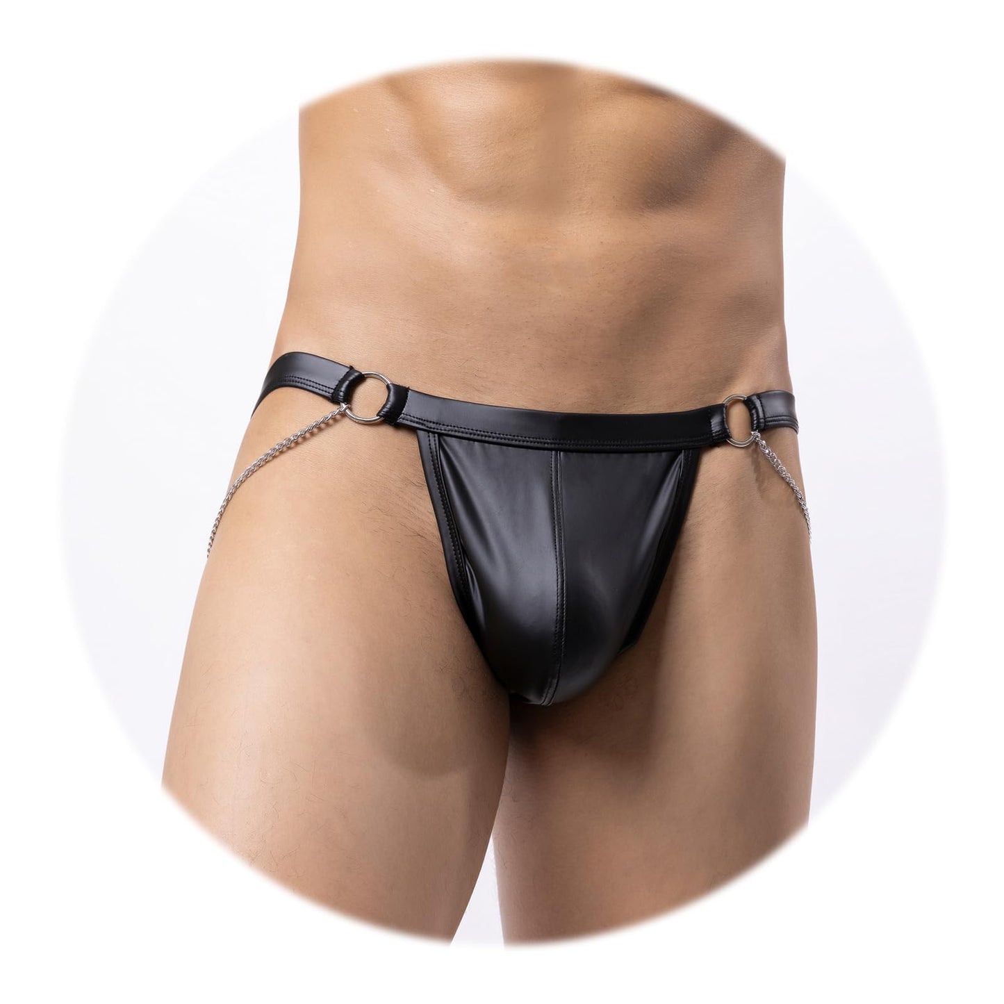 Evankin Men Sexy Leather Thong with Metal Chains Hollow Out T-Back Underwear Low Rise Bikini(Black,S)