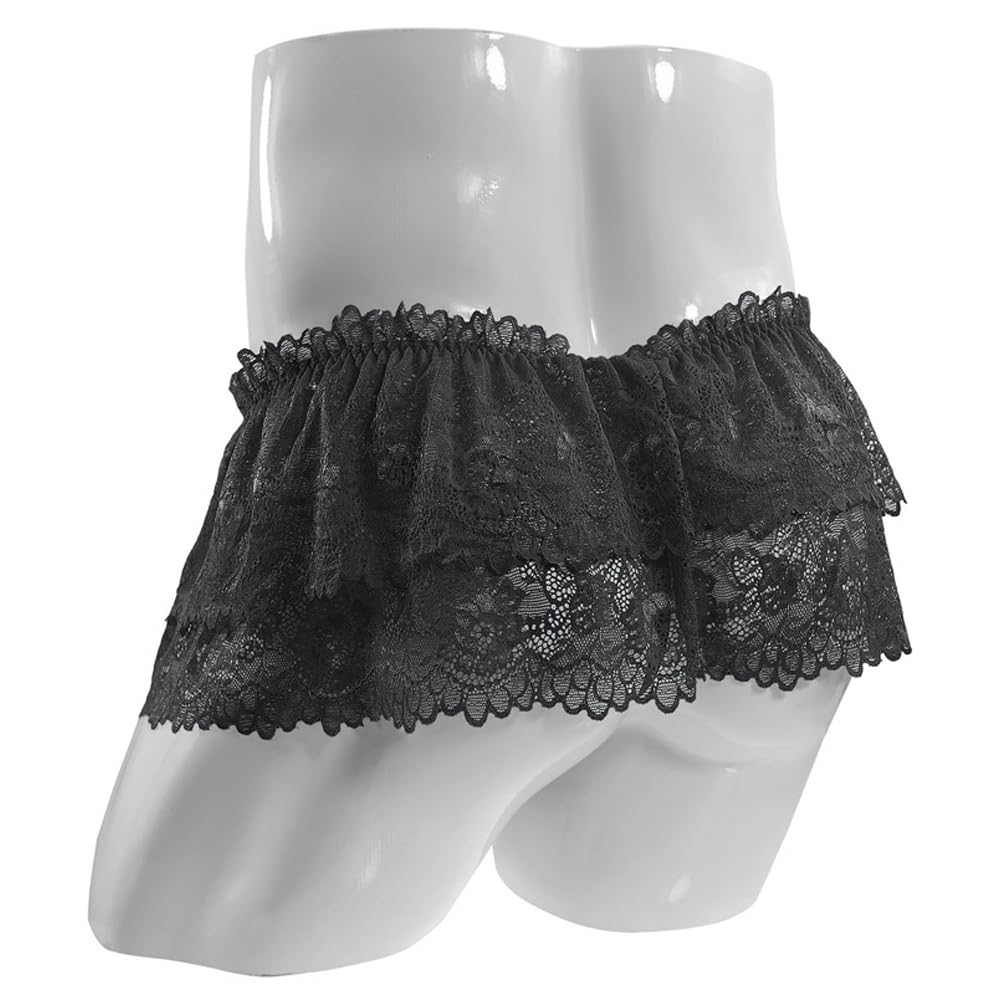 BTREEFLO Men's Sissy Lace Panties Double Layer Skirt Sissy Pouch Briefs Lingerie Sexy Underwear Thongs Black