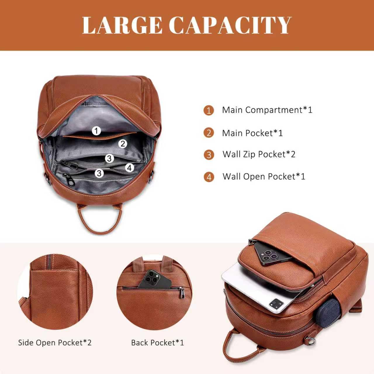 BOYATU Genuine Leather Backpack Purse for Women: Anti Theft Convertible Soft Backpacks - Elegant Womens Travel Backpack (01 Caramel Brown)