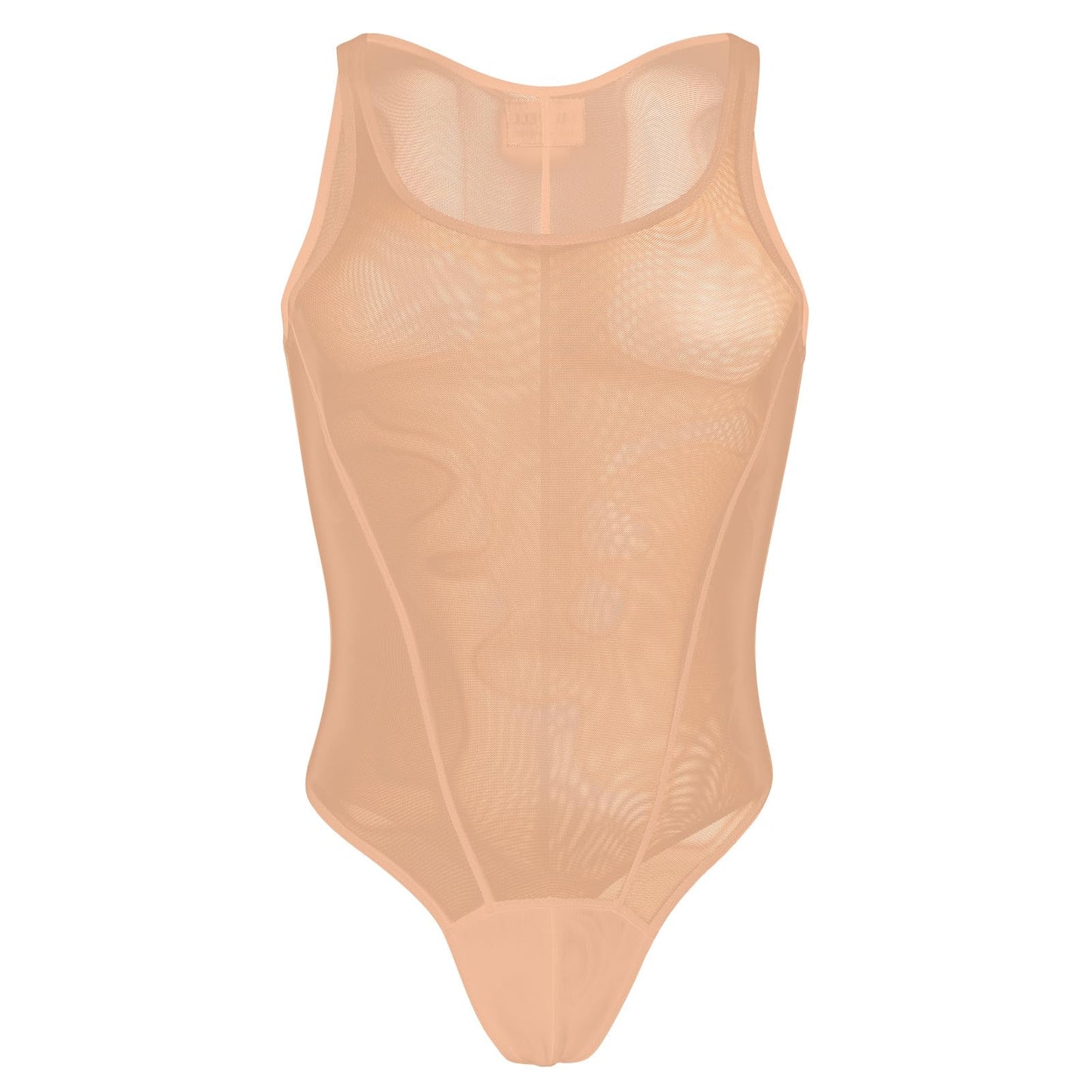 ABAFIP Men's Mesh Undershirts Bodysuit Sleeveless Sheer Tank Top Jumpsuit Fitness Mankini Jumpsuit Singlet Rave Tanks Apricot X-Large