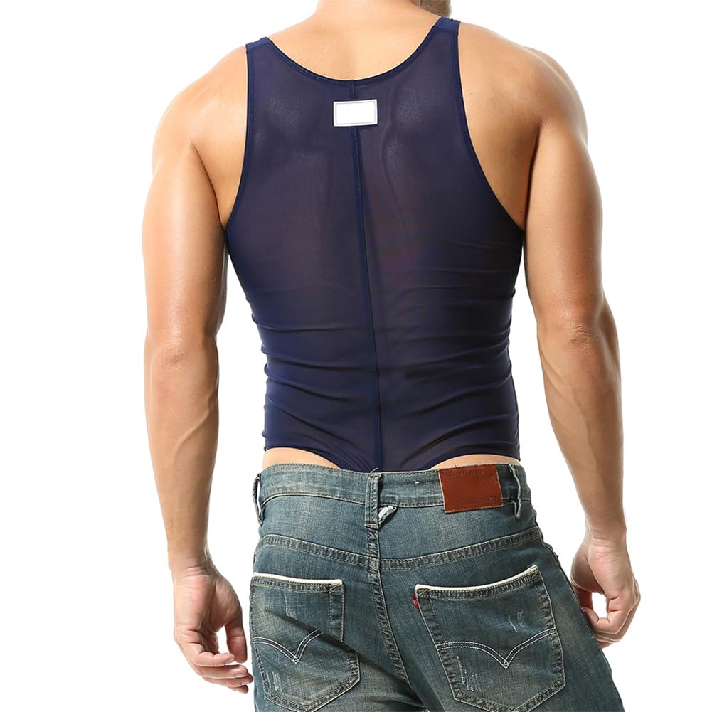 FYMNSI Men's Sheer Mesh Leotard Underwear See Through Sleeveless Thong Undershirt Bodysuit Fishnet Fitted Wrestling Singlet Jumpsuit Thongs Workout Muscle Shirt Tops Nightwear Clubwear Navy Blue M