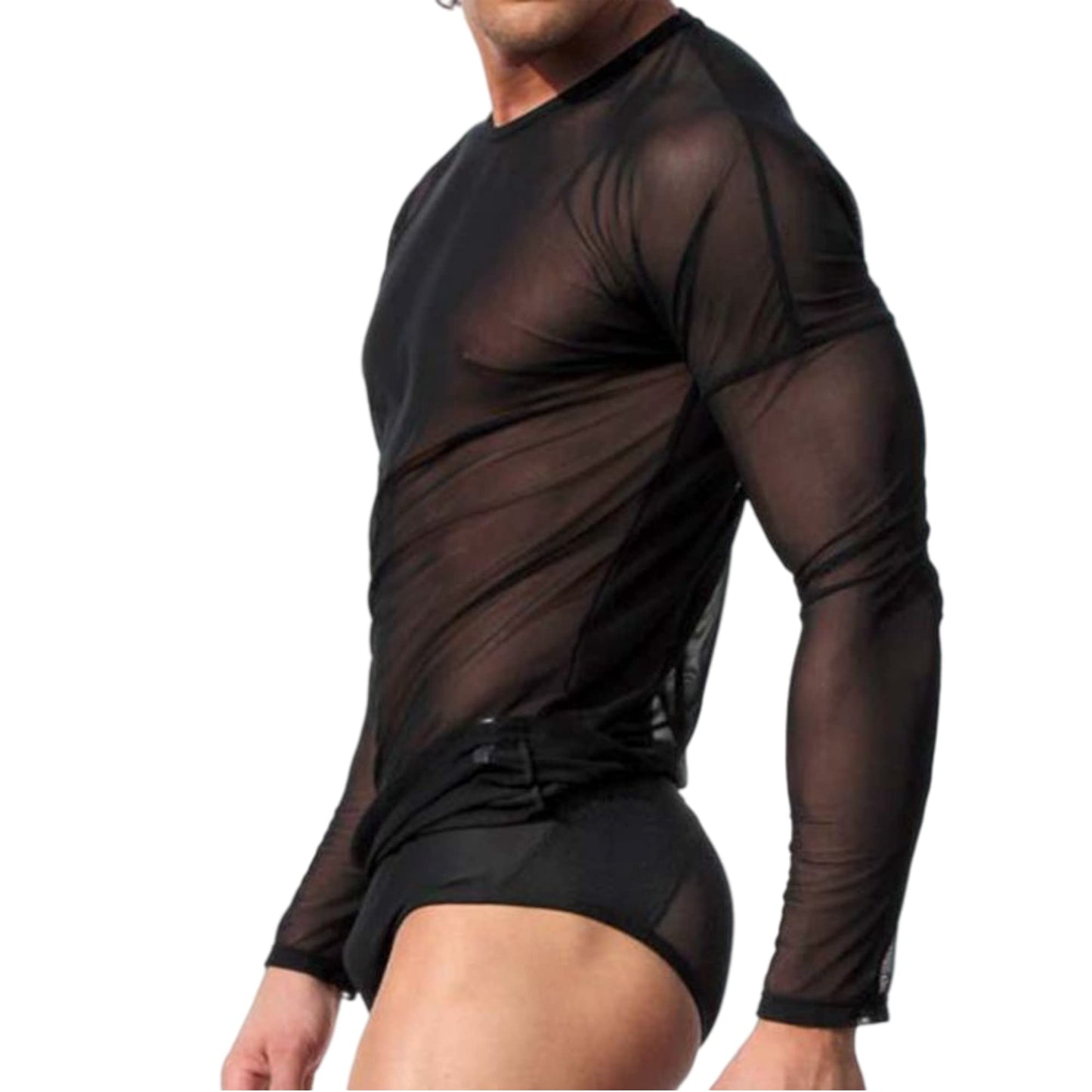 Crongless Men's Sexy Tank Top, Mesh Long Sleeves Transparent T-Shirt See Through Vest (Black, XL=Usually L)