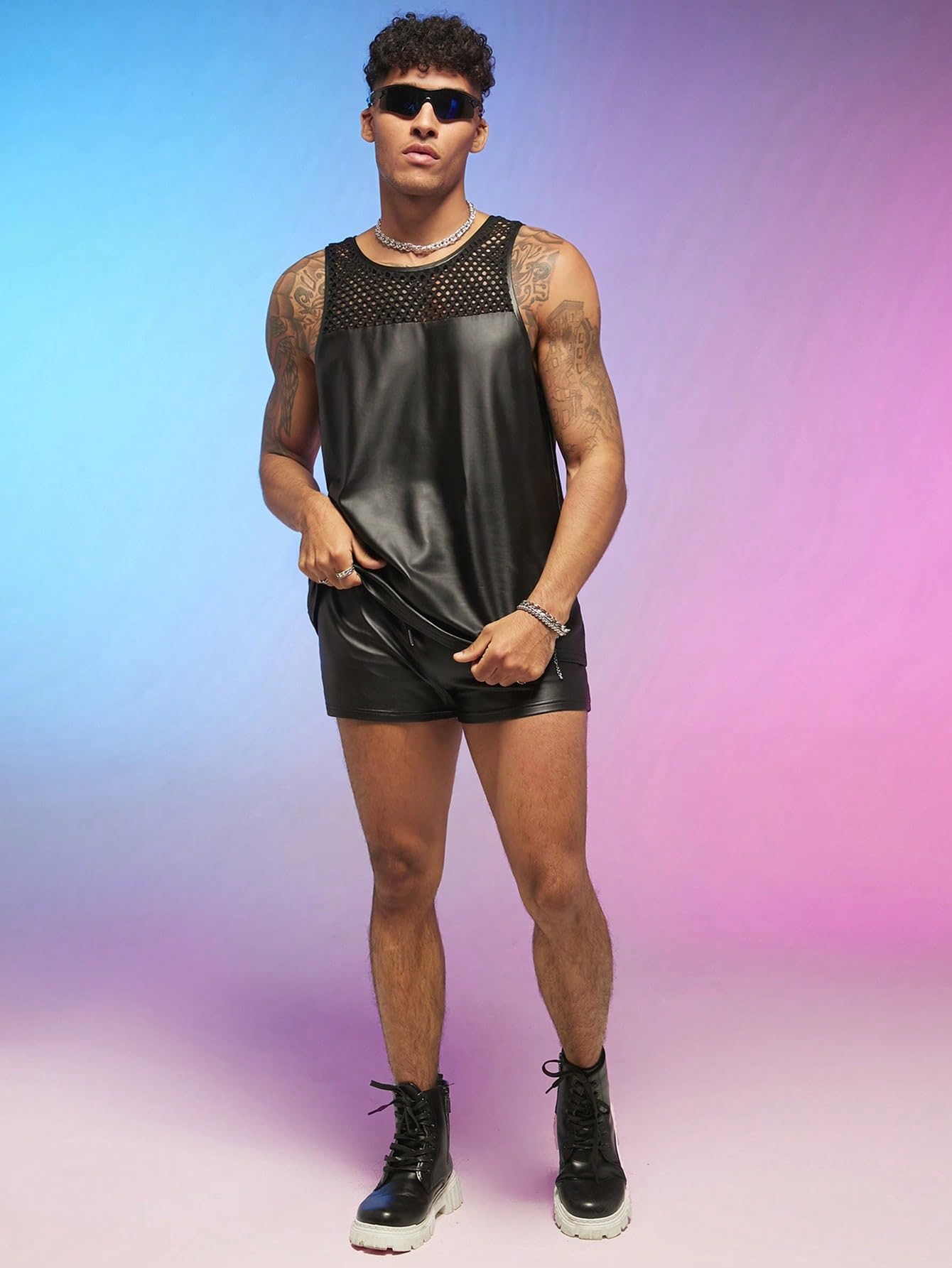 WDIRARA Men's 2 Piece Outfit Mesh Sheer Pu Leather Tank Top and Track Shorts Set Black S