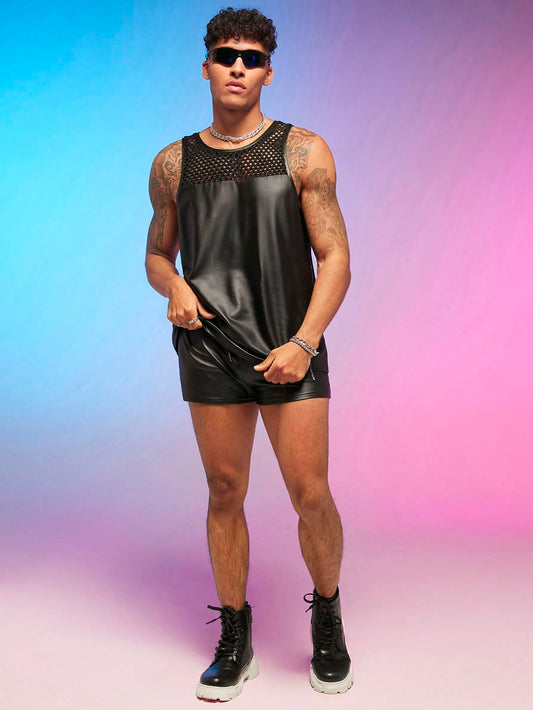 WDIRARA Men's 2 Piece Outfit Mesh Sheer Pu Leather Tank Top and Track Shorts Set Black S