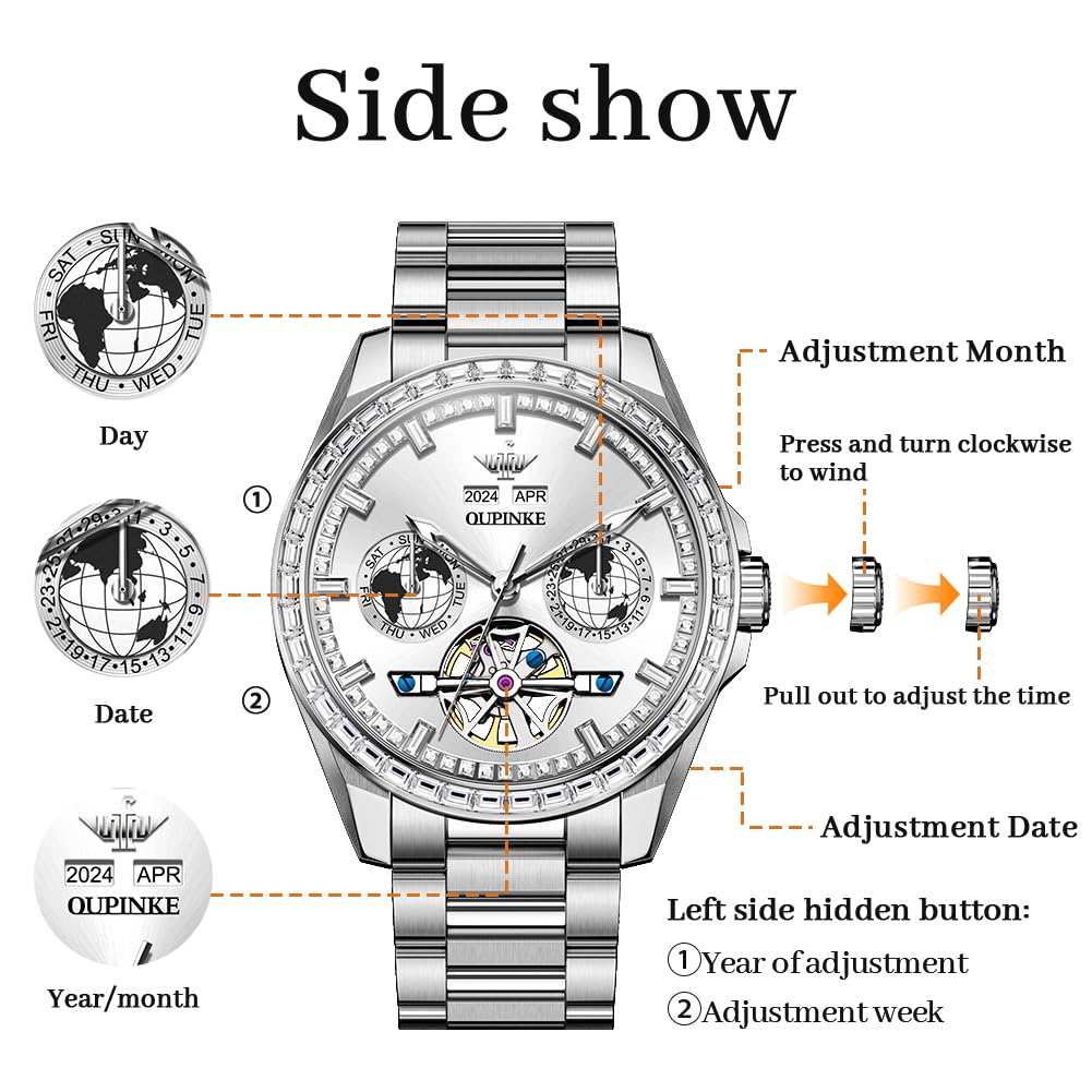OUPINKE Automatic Men's Watch Diamond Skeleton Self Winding Mechanical Luxury Business Watch Sapphire Crystal Waterproof Luminous