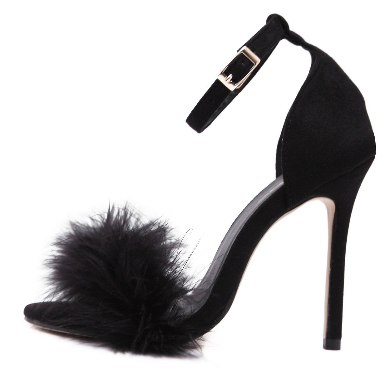 MMJULY Women's Open Toe Ankle Strap Fluffy Feather Stiletto High Heel Dress Sandal Black US 7.5