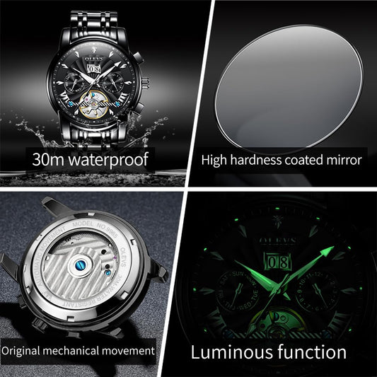 OLEVS Men Automatic Watch Luxury Skeleton Mechanical Black Wrist Watch Date Calendar Stainless Steel Waterproof Luminous Classic Business Watches