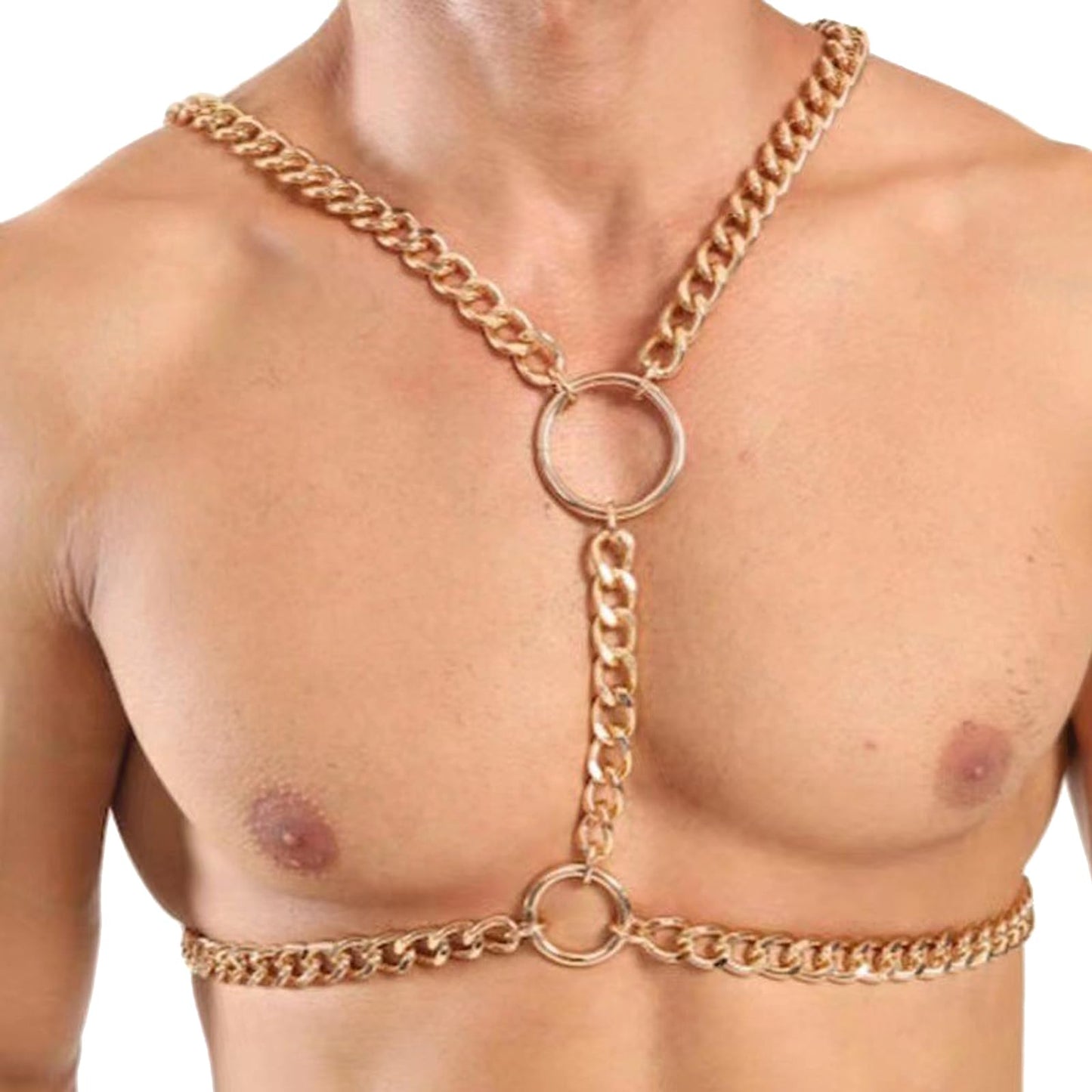 Punk Metal Link Chain Bra Body Jewelry Sexy Long Crossover Harness Circle Body Chain Festival Bikini Waist Chain Body Jewelry for Men Women (Gold)