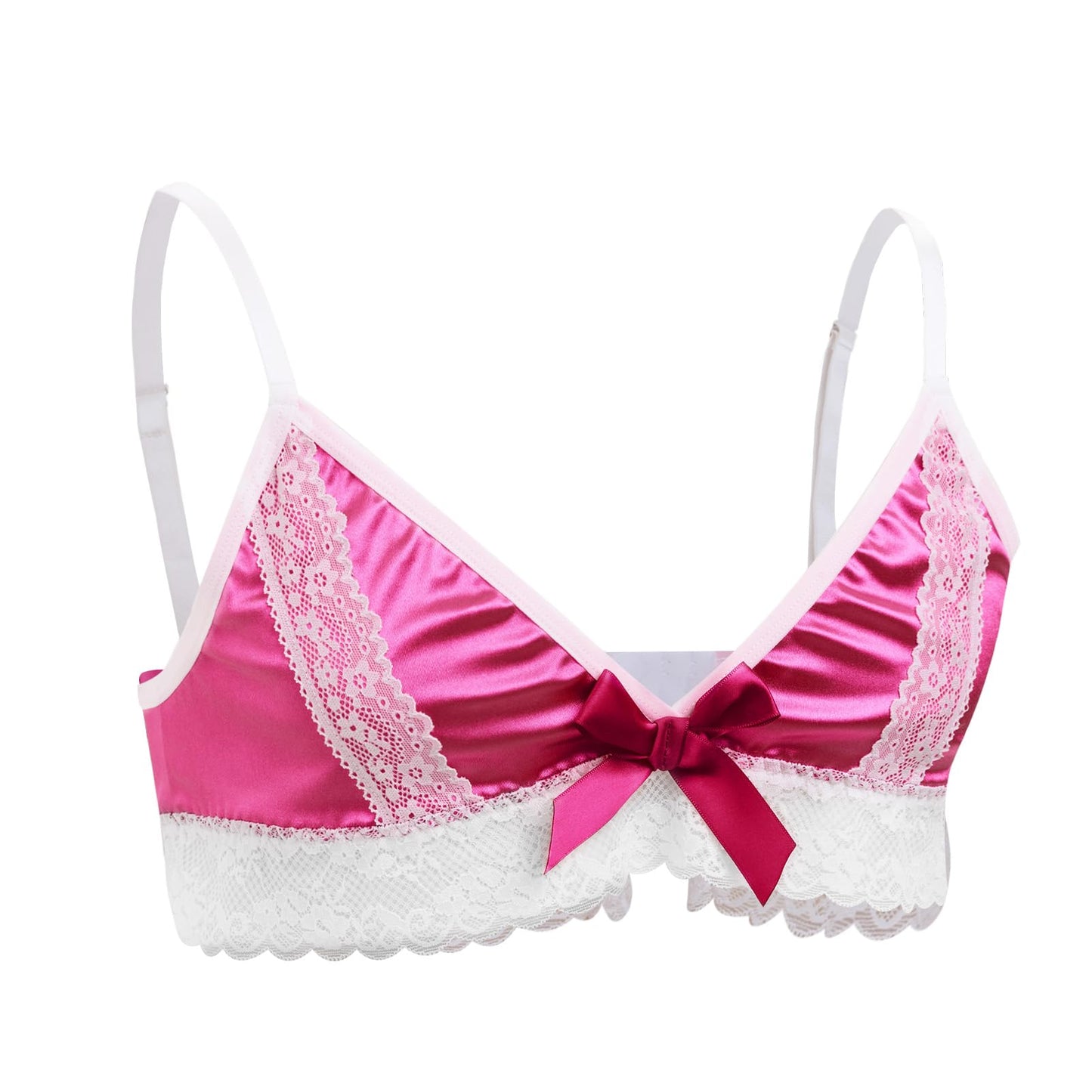 Men's Lingerie Bra - Shiny Silk Satin Bralette Floral Lace Trim - Sissy Top - Crossdressing