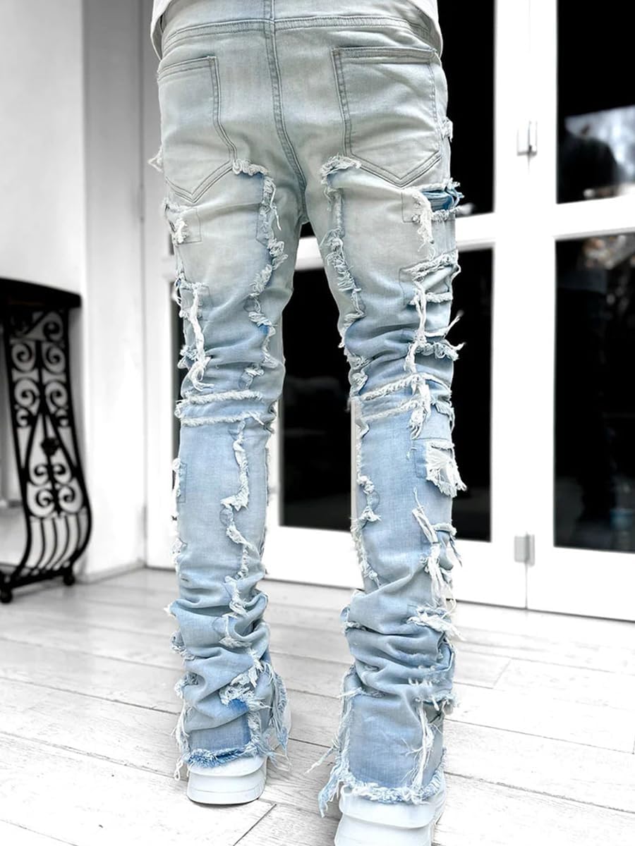 Stacked Jeans Men Skinny Ripped Jeans Slim Fit Denim Pants Y2K Goth Harajuku Emo Jeans Trouser (US, Alpha, Small, Regular, Regular, B01-01)
