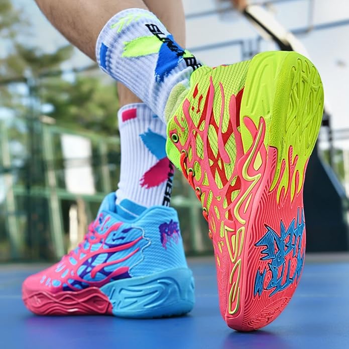 Y2K Basketball Boots Mesh Breathable Fire Stylish Shoes for Sports and Casual Wear with Unique Flame Design Mid-Top Casual Ankle (Blue+Green,8)