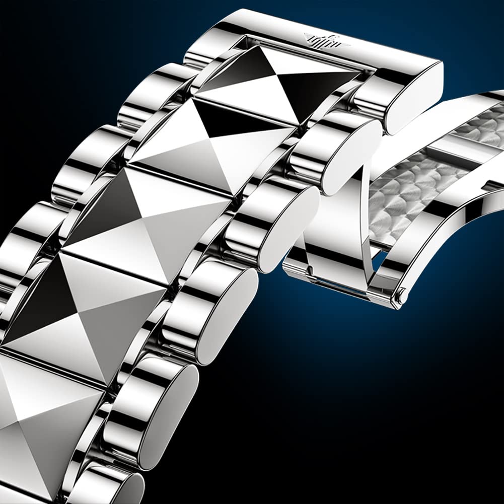 OUPINKE Watches for Men Automatic Skeleton Mechanical Luxury Cratch-Resistant Sapphire Mirror Tungsten Steel Strap Luminous Waterproof Calendar Wrist Watch Silver White