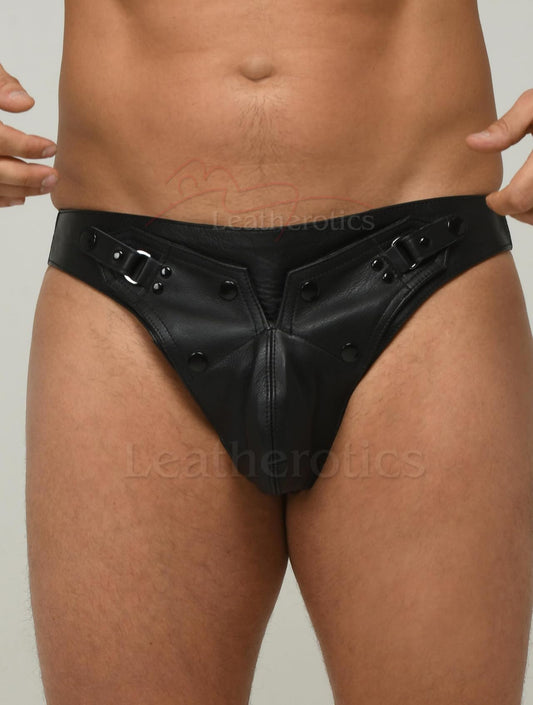 Leatherotics Mens Leather Underwear - Soft and Supple Leather Jockstrap with Detachable Front Pouch - 030 Black