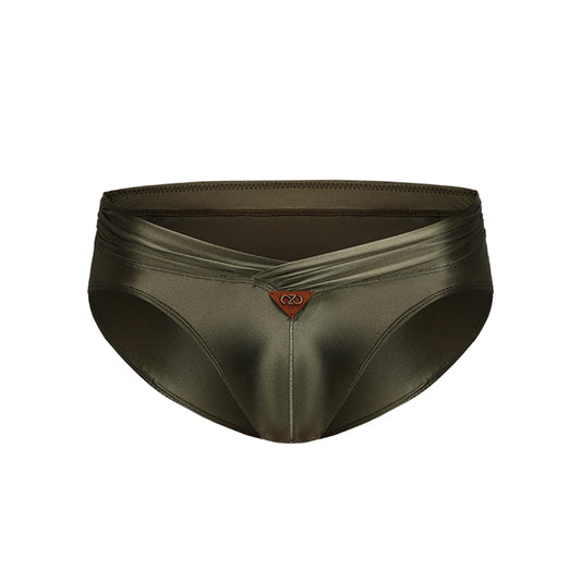 BSZN Men's Glossy Satin Briefs, Military Green Oil Slick Coated Underwear, Ruched Waistband Mid Rise Tight Fit, Waterproof Stain Resistant Sailor's Log Collection