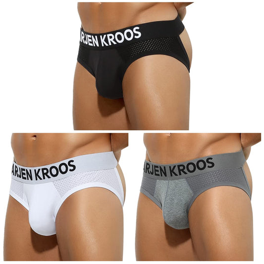 Arjen Kroos Men's Jockstrap Underwear Mesh Athletic Supporter Cotton Jock Strap Briefs,BLACK/WHITE/GREY(3-PACK)-AK2150,Large