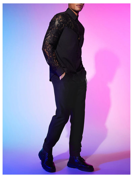 WDIRARA Men's Floral Lace Button Down Shirt See Through Long Sleeve Collared Top Sexy Clubwear Black Large