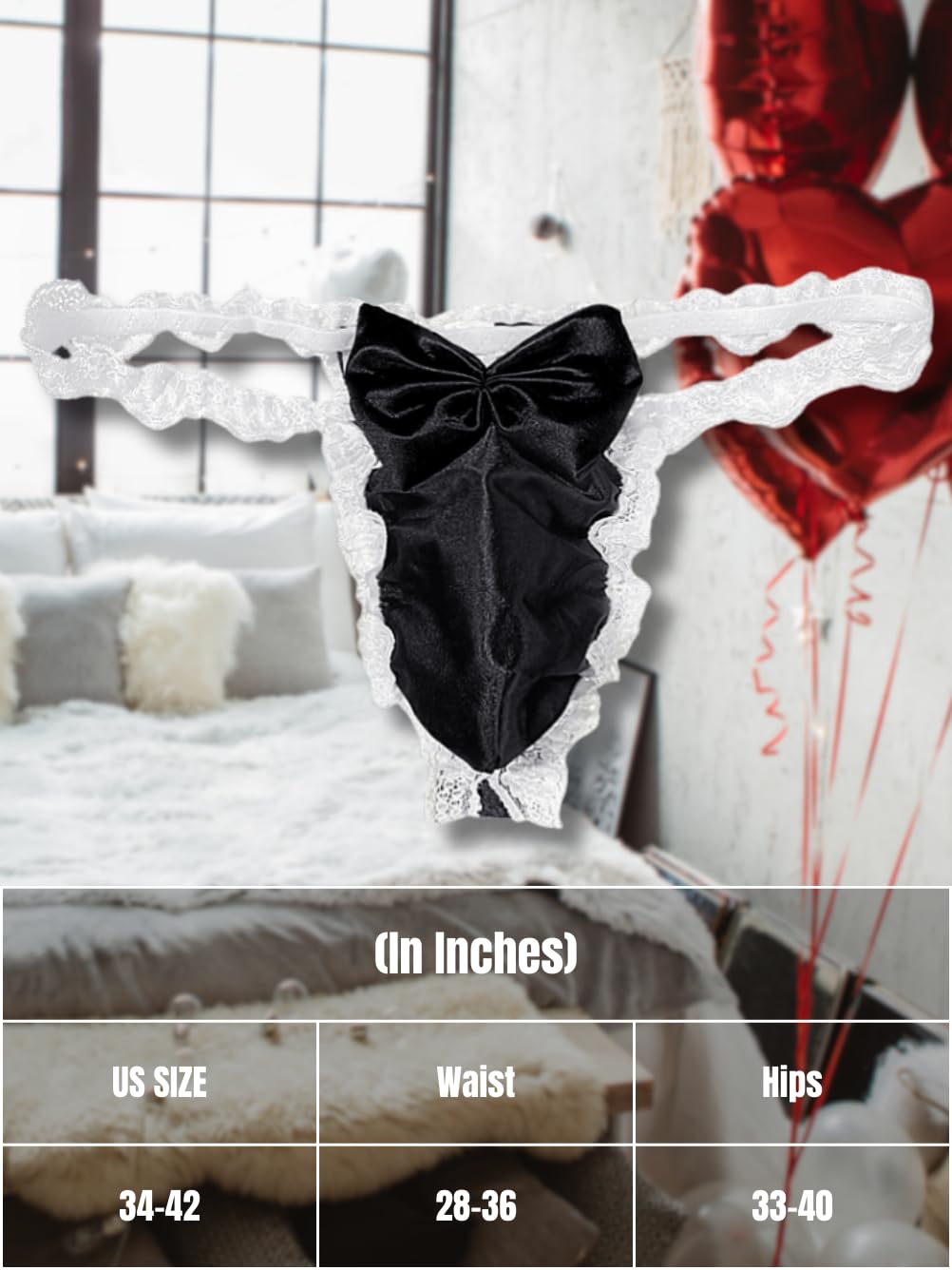 ChiaoLezhee Valentines Lingerie For Men, Satin Lace Sexy Underwear, Sissy Panties Femboy, Bow Girly Thong,Black