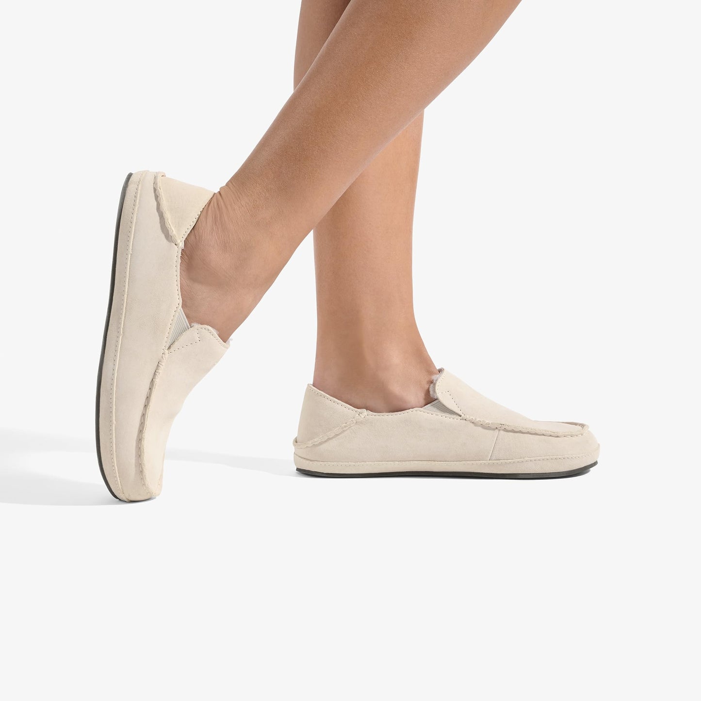 OLUKAI Nohea Slipper, Women's Slip-On Shoes, Genuine Shearling & Premium Nubuck Leather, Drop-in Heel Design, Cozy & Ultra-Soft Comfort Fit, Bone/Bone, 8