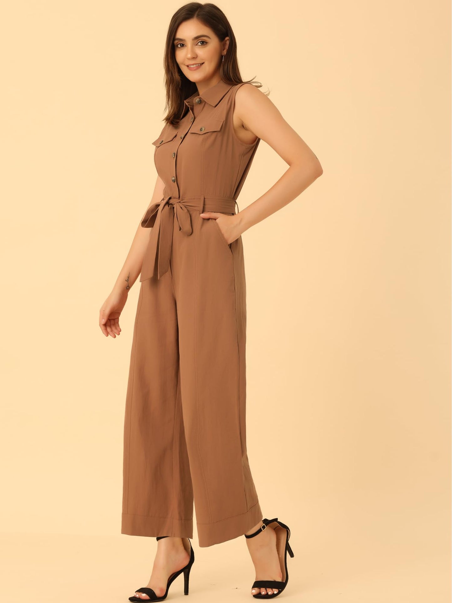 Allegra K Women's Wide Leg Jumpsuit 2024 Sleeveless Collared Tie Waist Coverall Button Down Cargo Jumpsuits Medium Brown