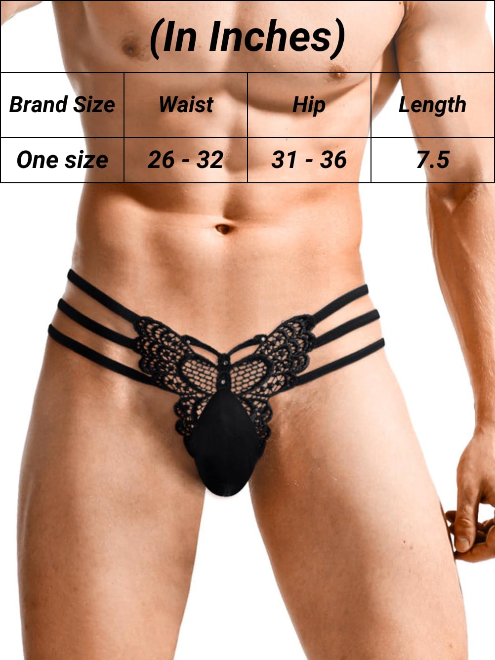 ChiaoLezhee Mens Sexy Butterfly Thong Lingerie, Sissy Floral Lace, fits 34-40 Girly String Panties, Low Rise Femboy Underwear, Black, One Size
