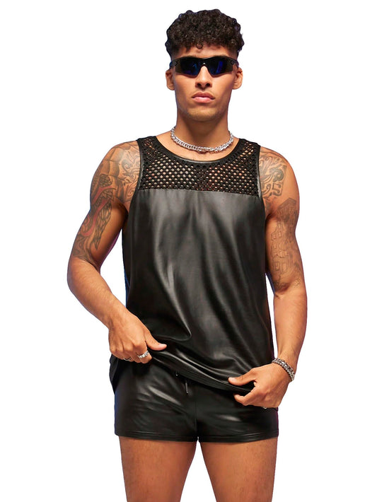WDIRARA Men's 2 Piece Outfit Mesh Sheer Pu Leather Tank Top and Track Shorts Set Black S