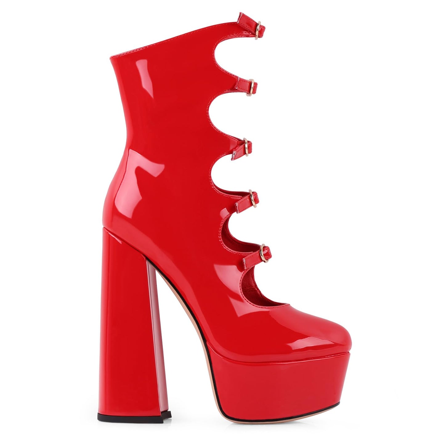 Red Platform Boots for Women, Red Patent Leather Chunky Platform Heels Goth Boots, Strap Buckle Side Zipper Gothic Block Heels
