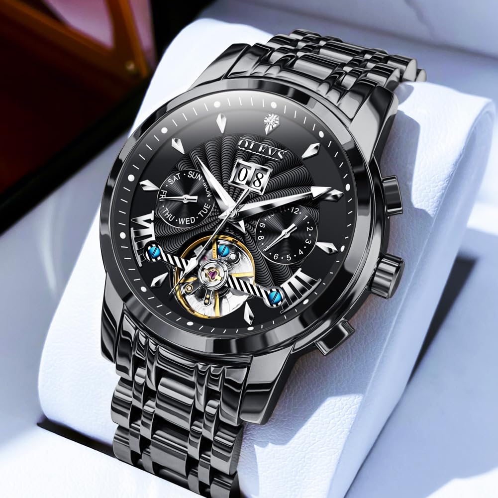 OLEVS Men Automatic Watch Luxury Skeleton Mechanical Black Wrist Watch Date Calendar Stainless Steel Waterproof Luminous Classic Business Watches
