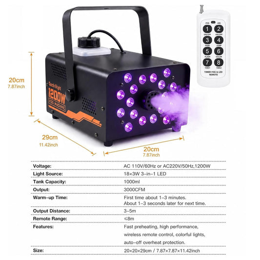 Dazzle Bright 1200W Halloween Fog Machine, Smoke Machine Outdoor Indoor with Timer, 7 Colorful LED Lights Effect Fog Wireless Remote for Stage Effect Halloween Party