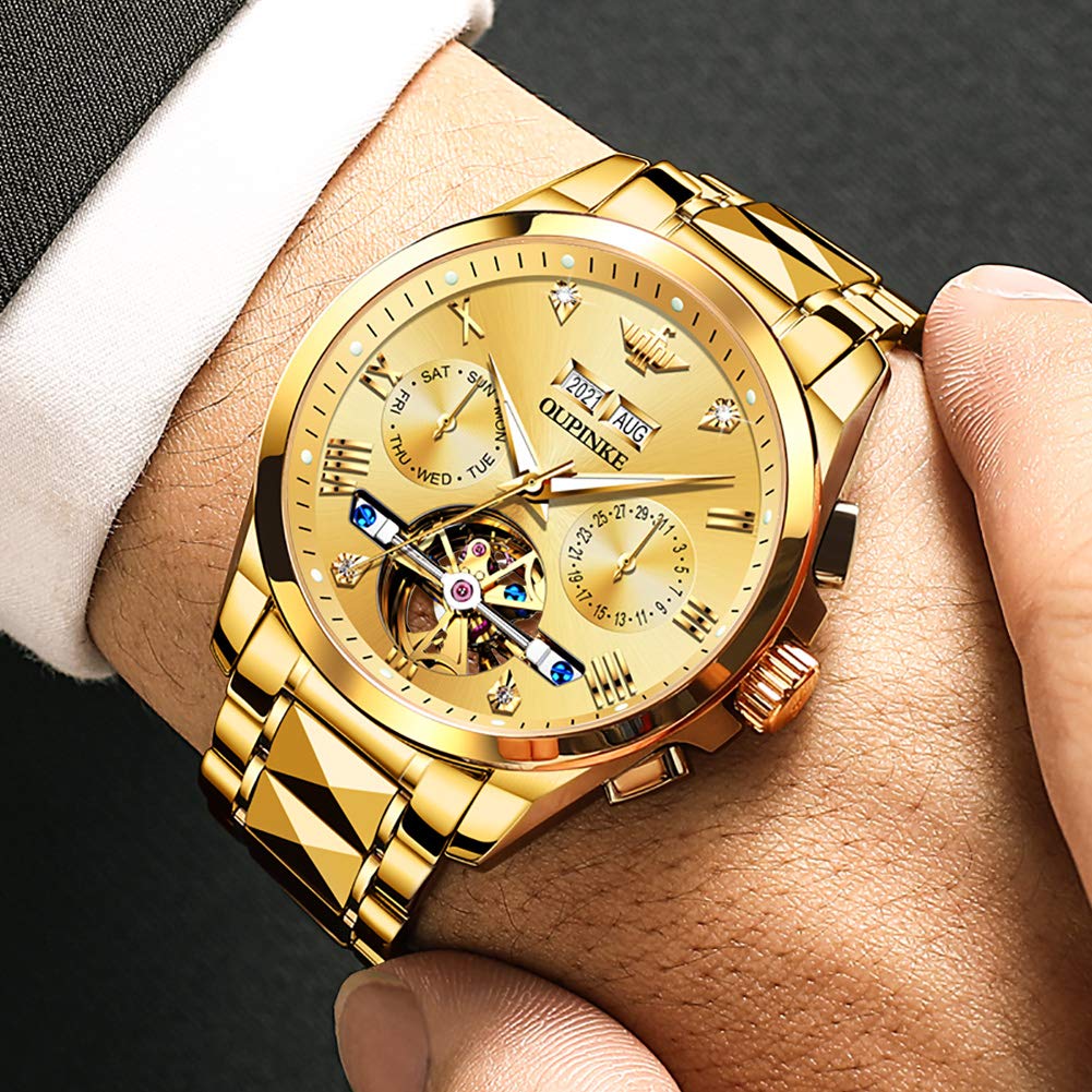 OUPINKE Mens Automatic Watches Diamond Skeleton Self Winding Luxury Dress Wrist Watch Sapphire Crystal Tungsten Steel