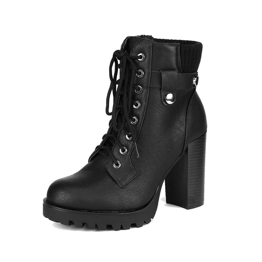 DREAM PAIRS Women's Lace up Combat Ankle Boots High Chunky Heel Fashion Heeled Booties Shoes,Size 5,BLACK,SCANDL
