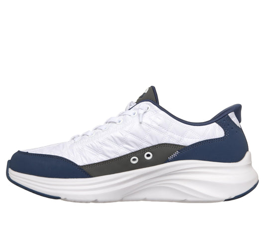 Skechers Men's Contour Foam Cozy Fit Hands Free Slip-in Sneaker,White/Navy,11.5
