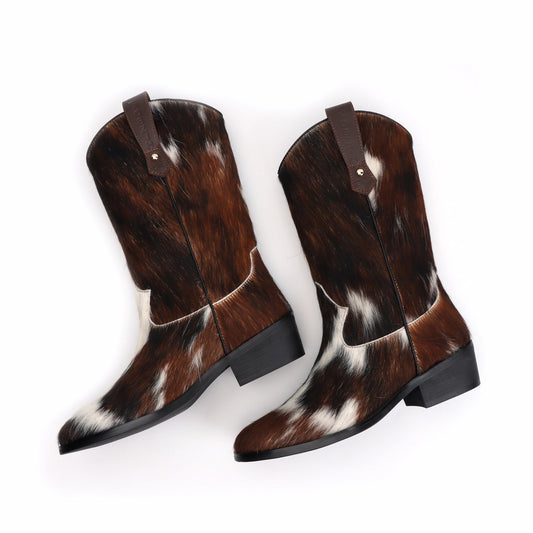 XOBZJH Women's Western Cowboy Boots – Genuine Tricolor Cowhide Leather Tall Cowgirl Boots, Mid-Calf Western Brown Boots for Women, Festival & Fall Fashion