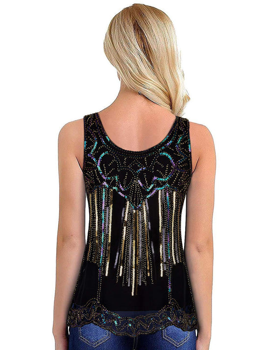 Vijiv Womens 1920s Vintage Beaded Tops Art Deco Sleeveless Embellished Sparkly Sequin Vest Tank Top Black Gold