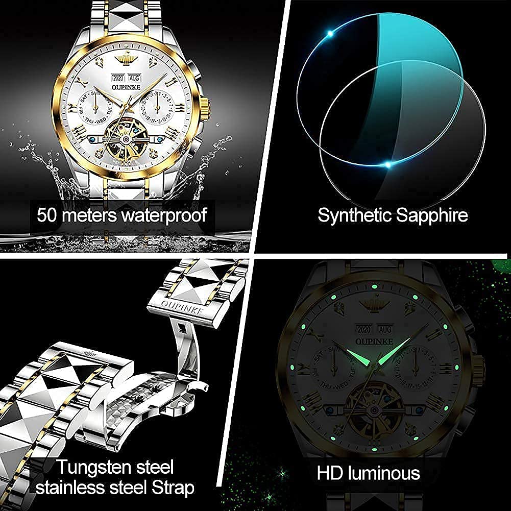 OUPINKE Mens Watches Luxury Automatic Mechanical Tungsten Steel Waterproof Tourbillon White