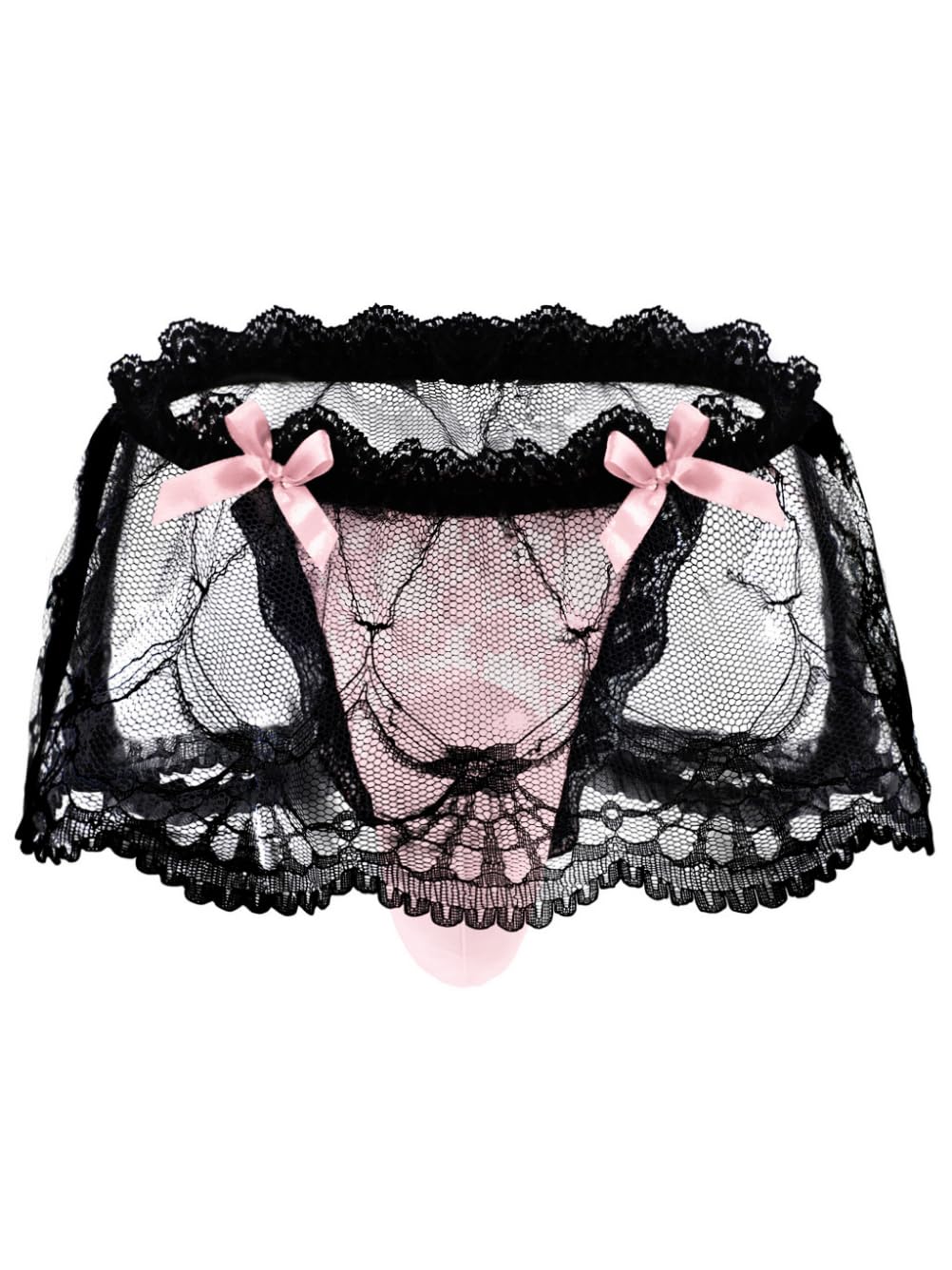 ChiaoLezhee Mens Lace Sexy Underwear, Sissy Pouch Panties Femboy For Men, Low Rise Bow Lingerie Fits 32-42, Sheer Girly, Light Pink, One Size