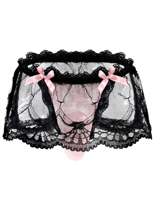 ChiaoLezhee Mens Lace Sexy Underwear, Sissy Pouch Panties Femboy For Men, Low Rise Bow Lingerie Fits 32-42, Sheer Girly, Light Pink, One Size