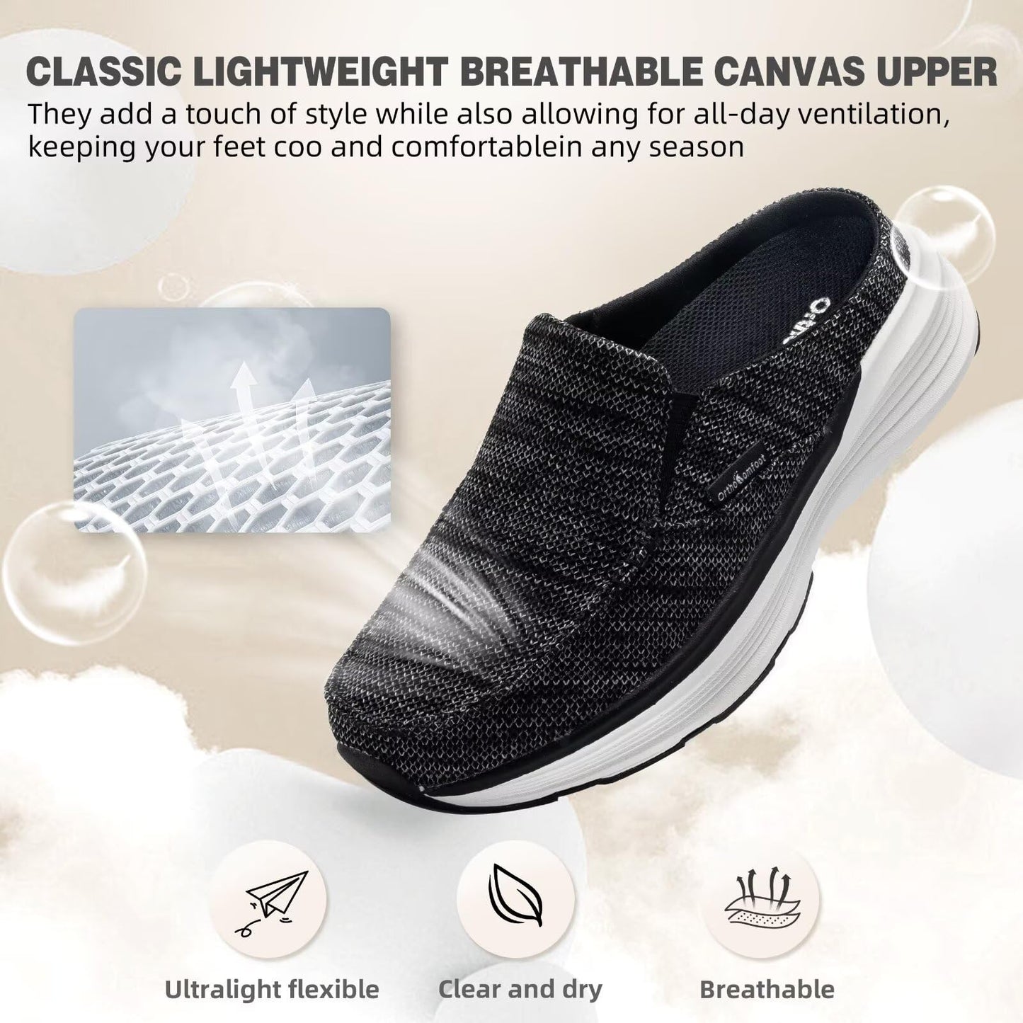 Women's Orthopedic Slip On Slippers Shoes: Comfortable Womens Slip-On for Flat Feet, Light-Weight Slippers for Plantar Fasciitis Relief, Cushioned Rubber Sole Loafers for Comfy Working Black Size 9