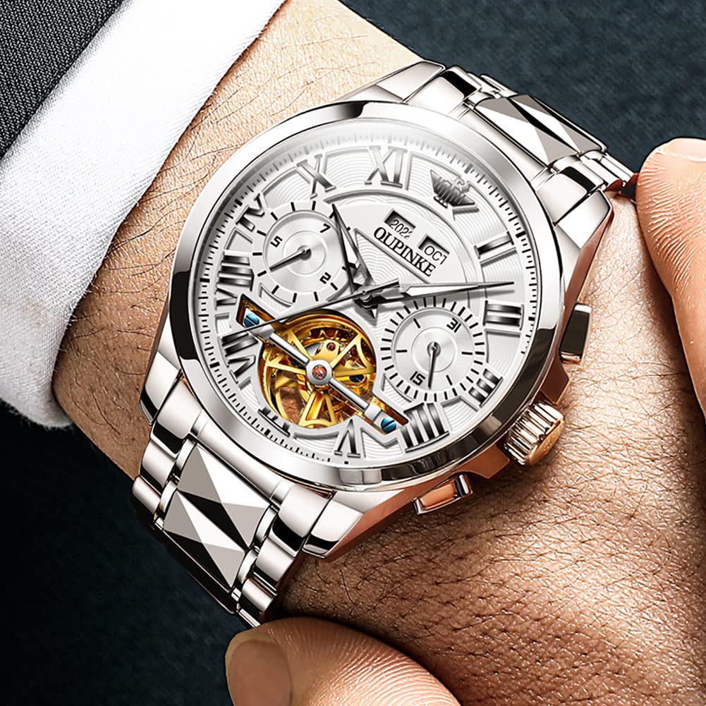 OUPINKE Watches for Men Automatic Skeleton Mechanical Luxury Cratch-Resistant Sapphire Mirror Tungsten Steel Strap Luminous Waterproof Calendar Wrist Watch Silver White