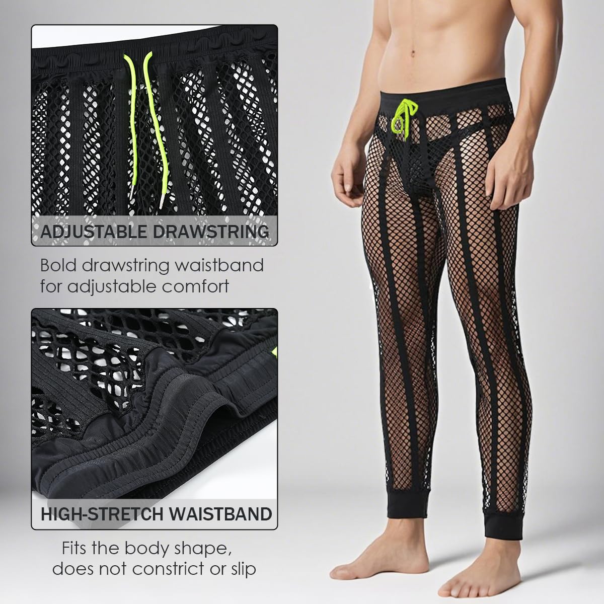 YINYOUYU Men's Fishnet Pants Drawstring Mesh See Through Bottoms Leggings Muscle Long Pants M Black