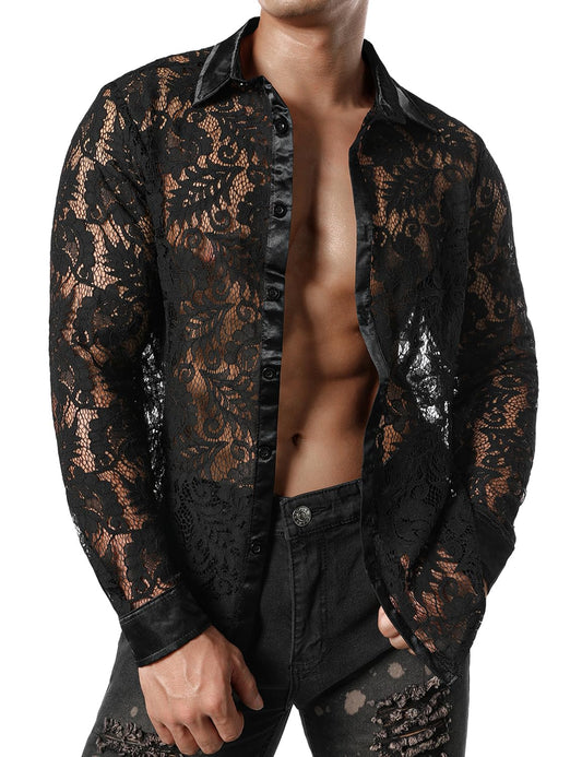 JOGAL Men's See Through Flower Lace Sheer Blouse Long Sleeve Button Down Shirts Black Large