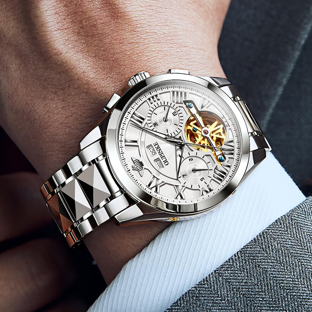 OUPINKE Watches for Men Automatic Skeleton Mechanical Luxury Cratch-Resistant Sapphire Mirror Tungsten Steel Strap Luminous Waterproof Calendar Wrist Watch Silver White